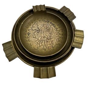 Vintage Etched Brass Nesting Trinket Dishes Ashtrays Floral Set of Five India